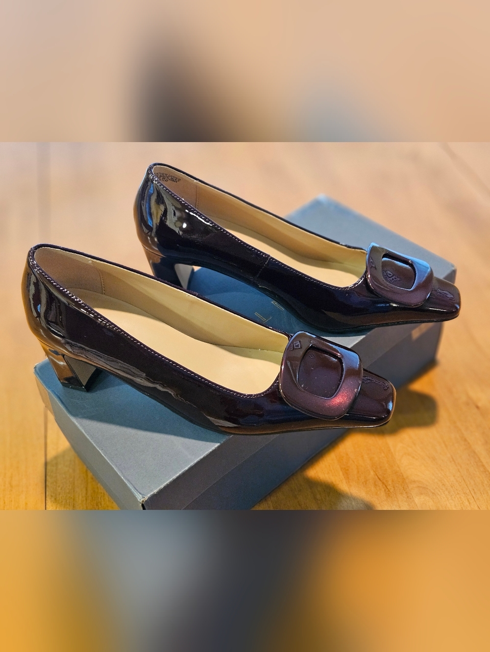 Patent Leather Square-Toe 2-Inch Pump with Decorative Buckle - Dark Burgundy